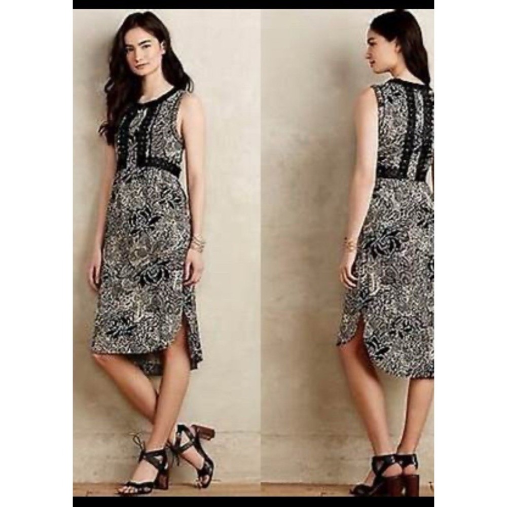 Holding Horses Anthropologie Batik Print Midi Dress Size 2 Black Cream Crochet